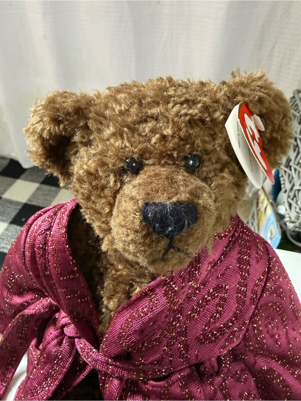 Ty Brown Plush Bear in Sparkling Magenta Robe